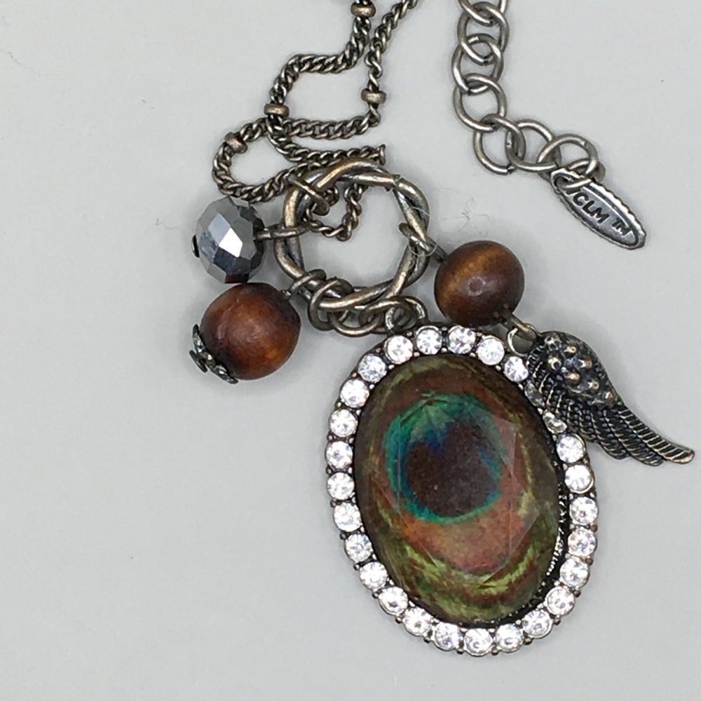 Boho Peacock Feather Charm Silver Necklace VTG